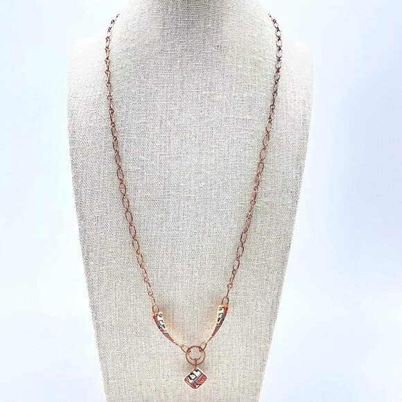 Vintage Copper Enamel Pendant Necklace Geometric Design Art Deco Revival Retro - Picture 1 of 10